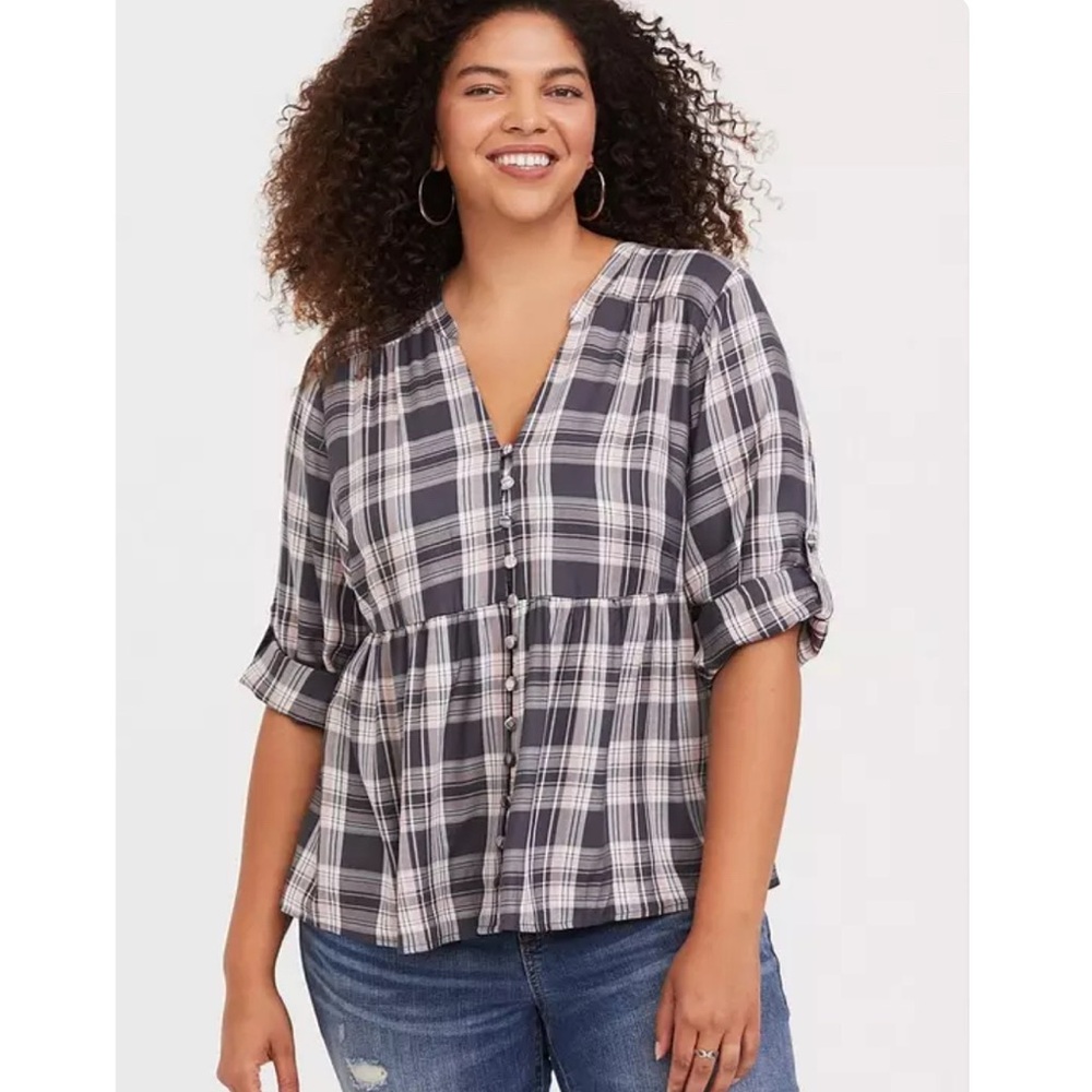 Torrid Twill Grey Plaid Babydoll Top
